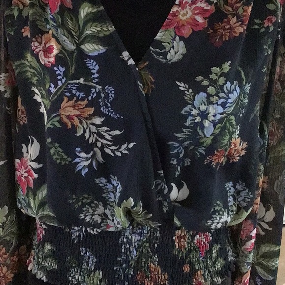 HAVER London floral print smocked waist top, black background, size large - Picture 4 of 11